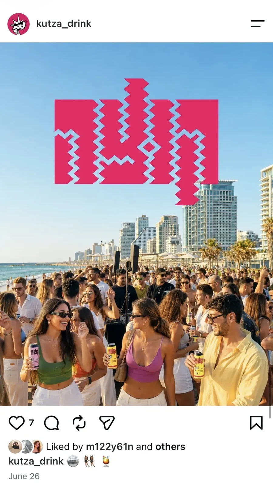 A Kutza Instagram post: the pink zigzag logo over a crowded Tel Aviv beach party, people holding Kutza cans