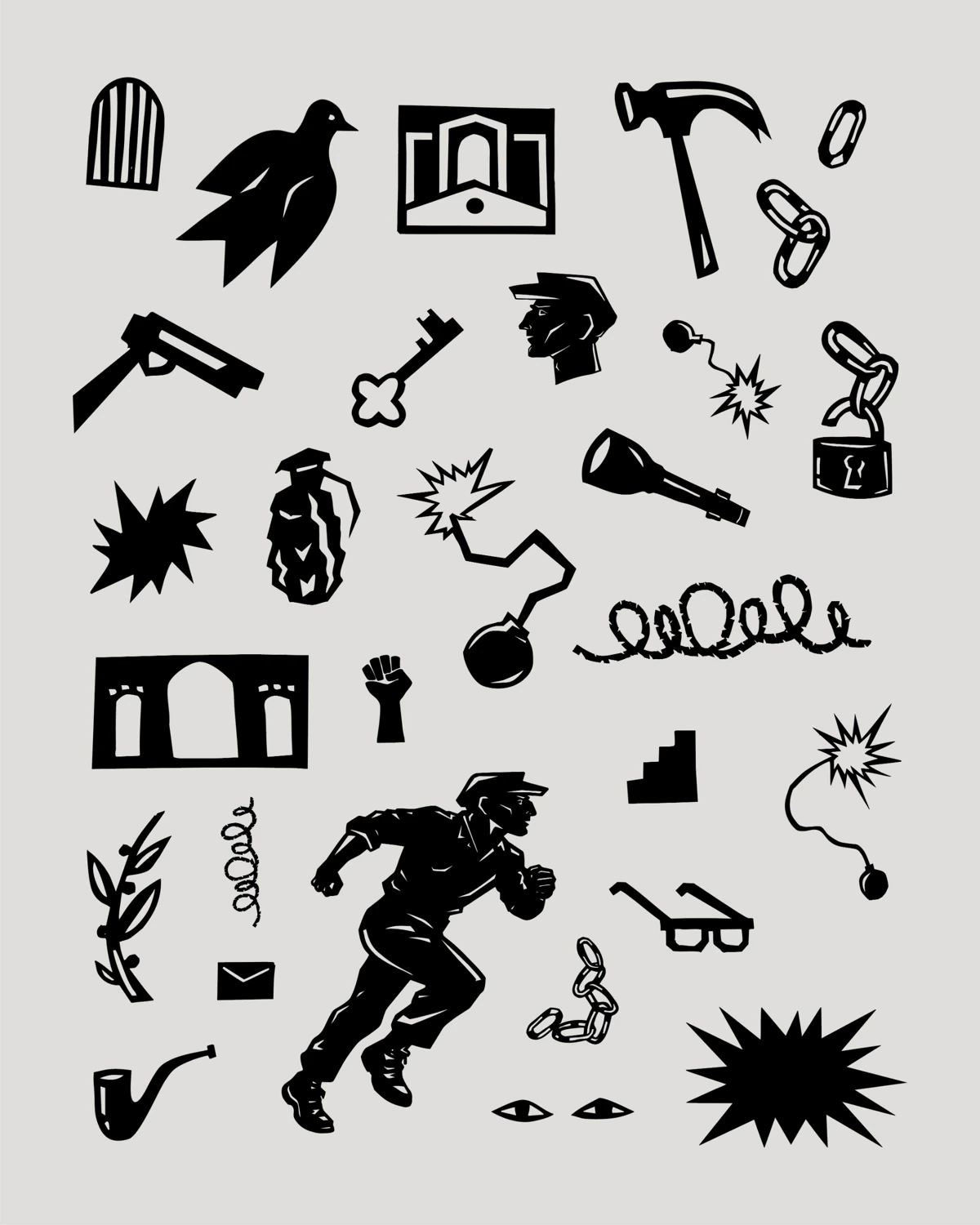 Icon system: black cut-out illustrations of a dove, key, chains, grenade, hammer, a running figure and more